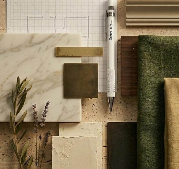Moodboard de materiais - mármore, latão e tecidos