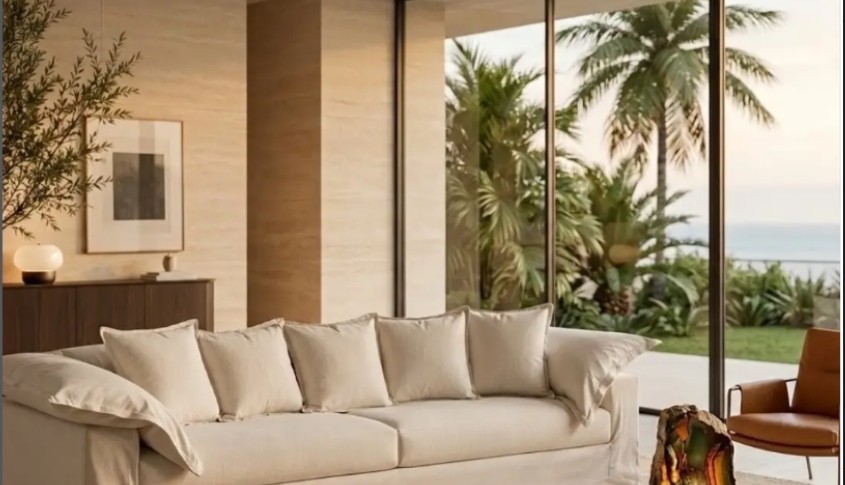 Sala de estar com sofá branco e vista para o mar